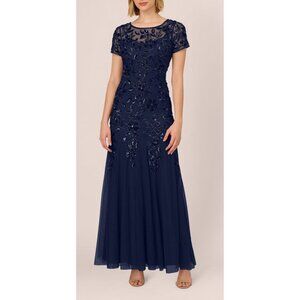 Adrianna Papell Womens Square Neck Beaded Mesh Gown Light Navy Size 14 NWT